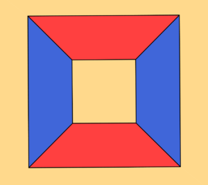 Proiezione stereografica di un cubo, con le regioni colorate con tre colori diversi