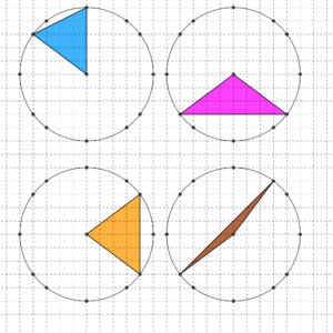 Quattro triangoli isosceli con due lati di 5 quadretti, disegnati su carta quadrettata, diversi da quelli presenti nel testo - Problema di geometria - Uguaglianza